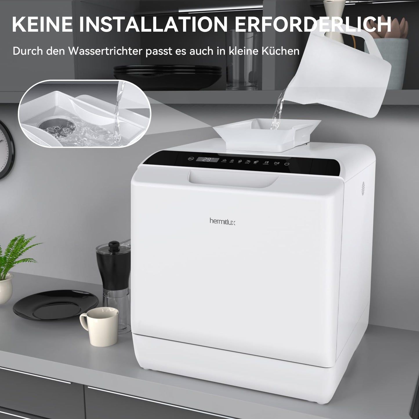 Hermitlux Mini Geschirrspüler 4 Gedecke Warmlufttrocknung
