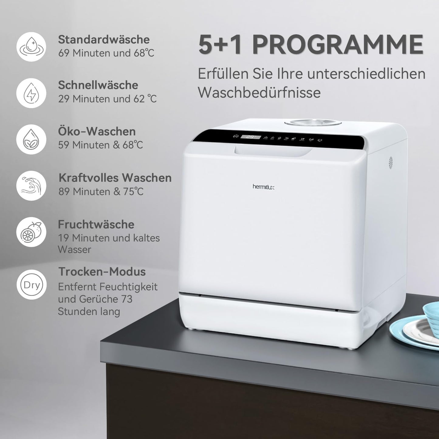Hermitlux Mini Geschirrspüler 4 Gedecke Warmlufttrocknung