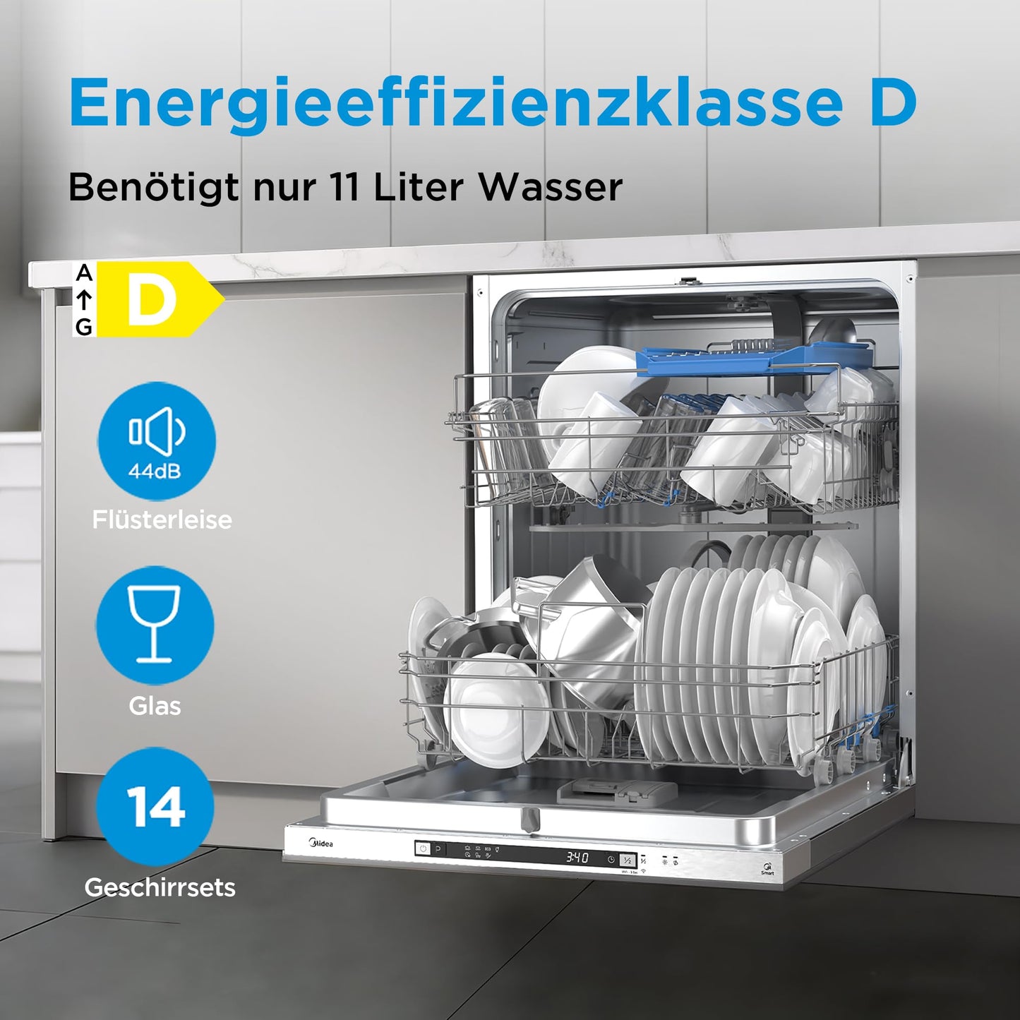 Midea Vollintegrierter Einbau-Geschirrspüler 60cm 14 Maßgedecke