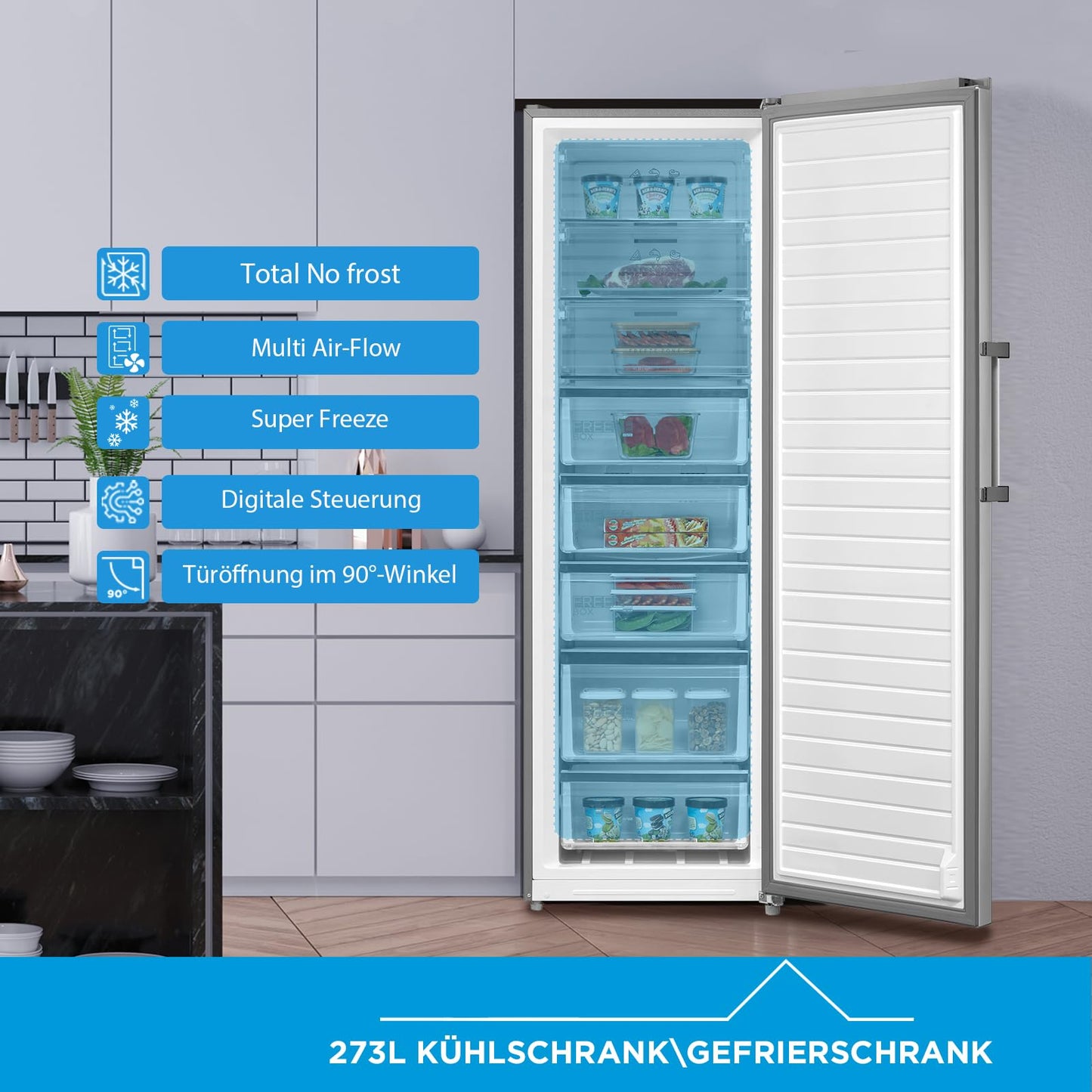 Midea Kühlschrank/Gefrierschrank 273L – 185cm, No Frost, Inox