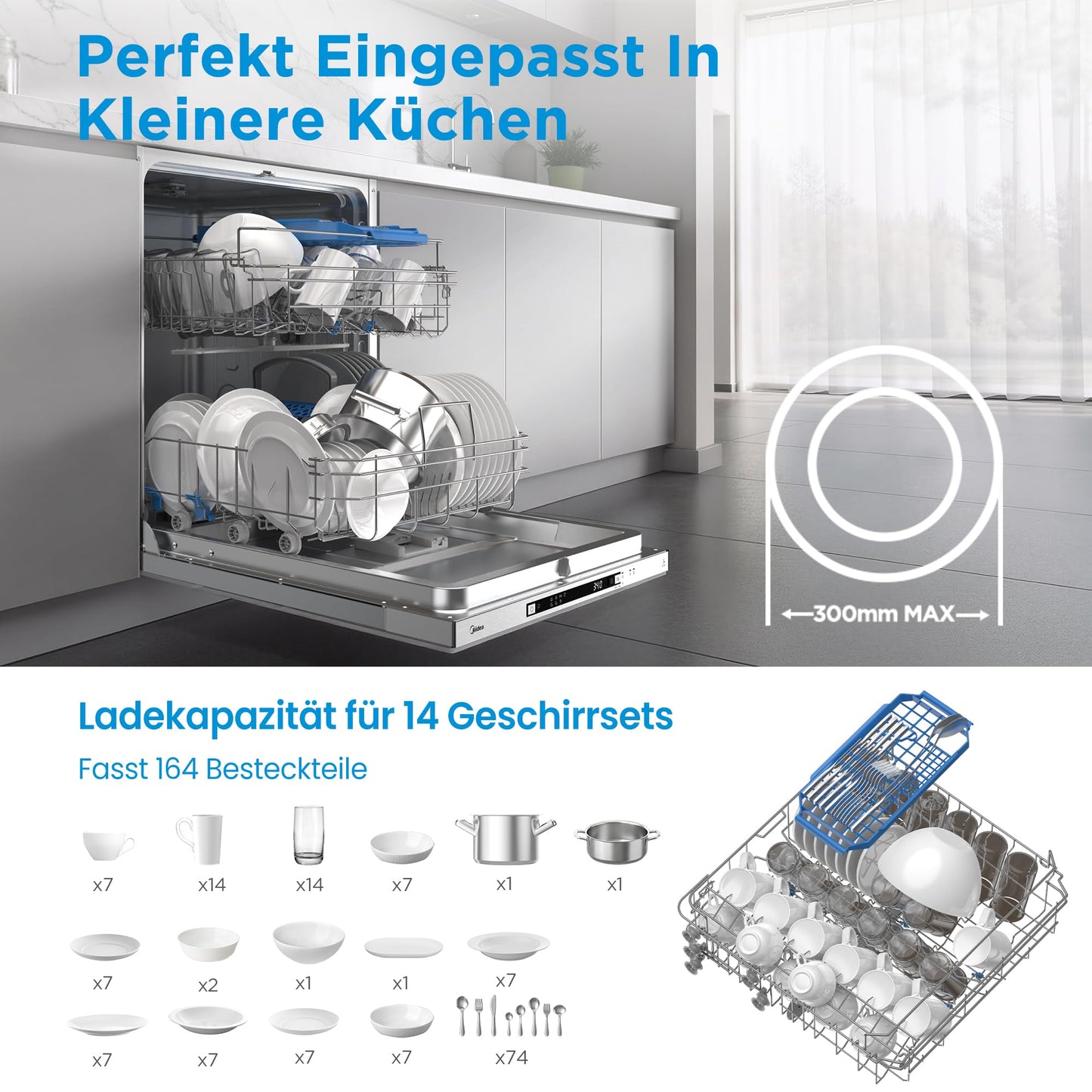 Midea Vollintegrierter Einbau-Geschirrspüler 60cm 14 Maßgedecke
