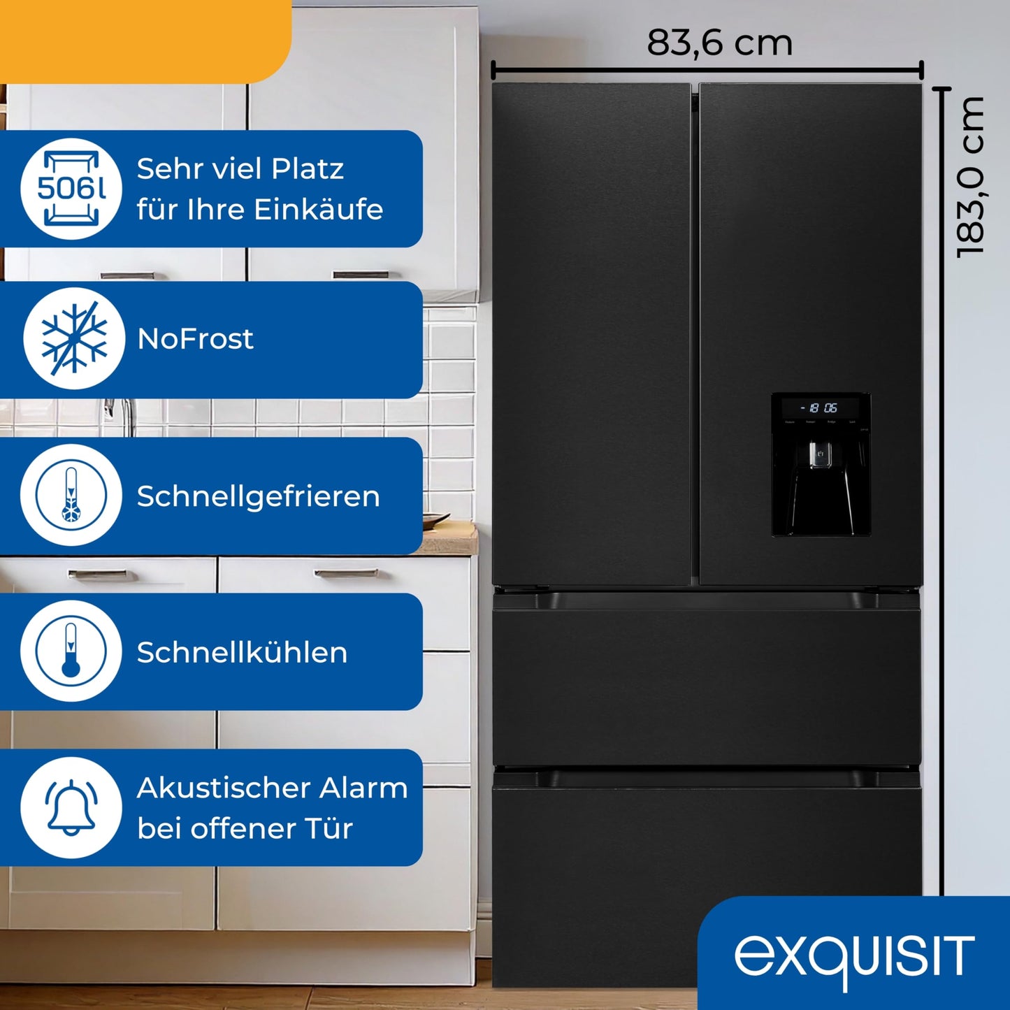 Exquisit French Door Kühlschrank 506L – No Frost, Inox Look